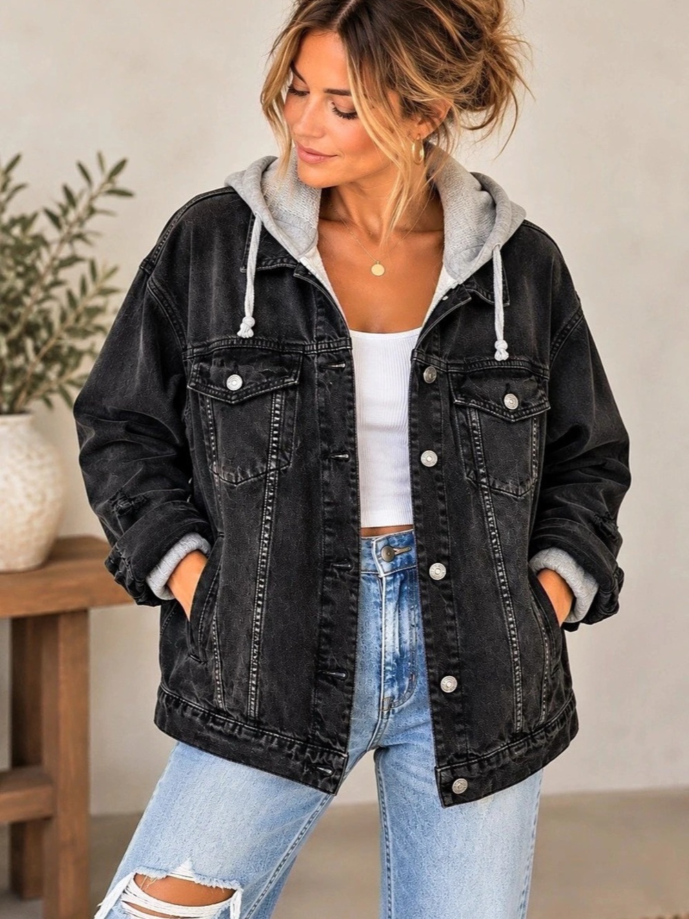 We The Free Flawless Hooded Denim Jacket Black & Gray Medium